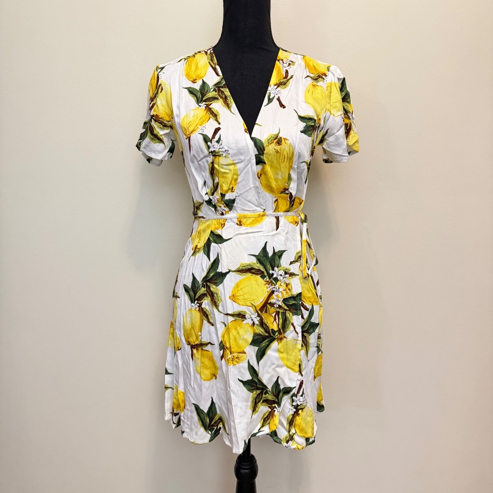 Lulus Women XS Lemon Print Wrap Mini Dress White Yellow Short Sleeve Cottagecore